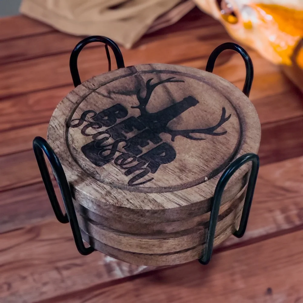 Rustic Wooden Coaster Set - Funny Beer Engraved Designs with Holder